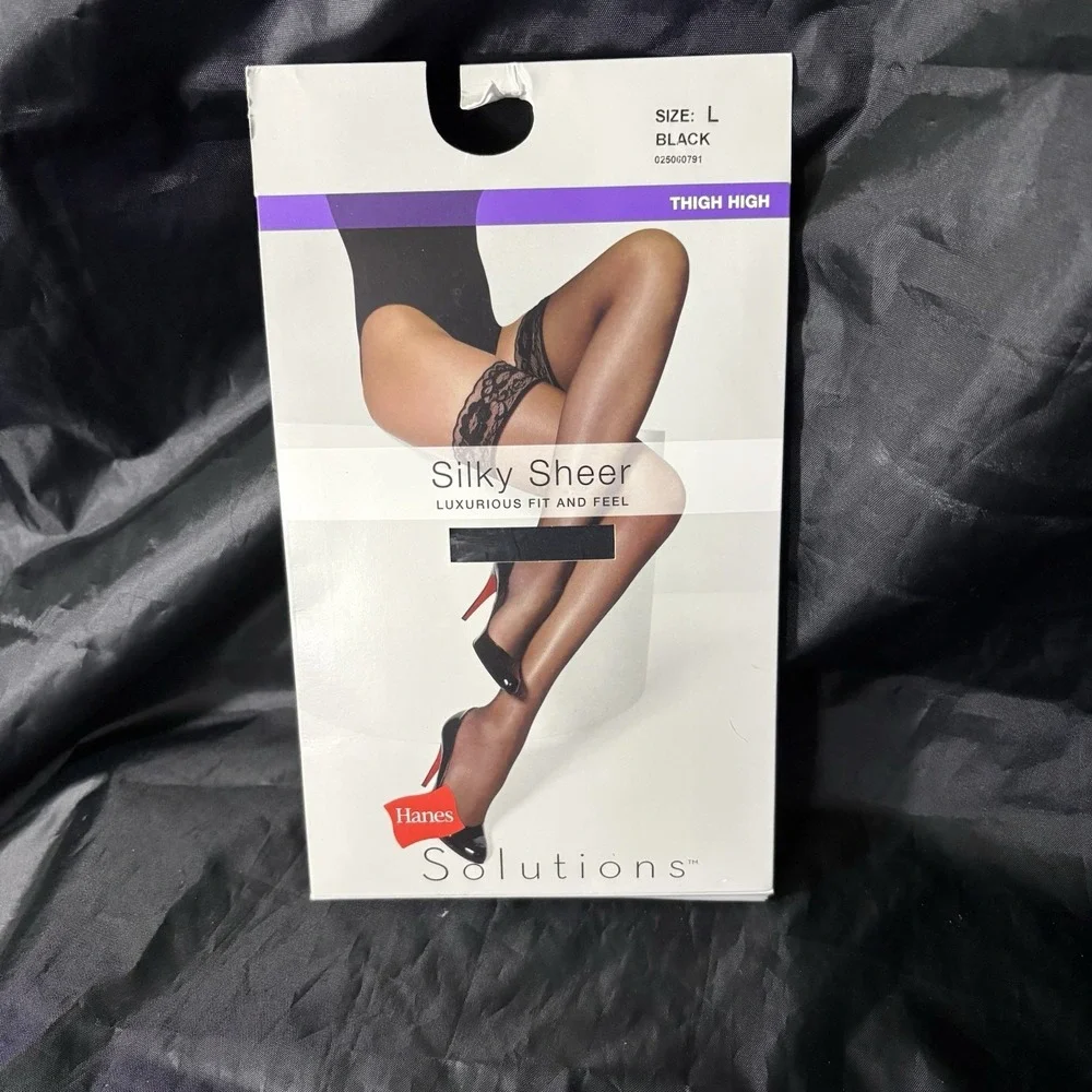 SEXY STAY UP LACE TOP‎ Hanes Silky Sheer Thigh Highs Black Size L